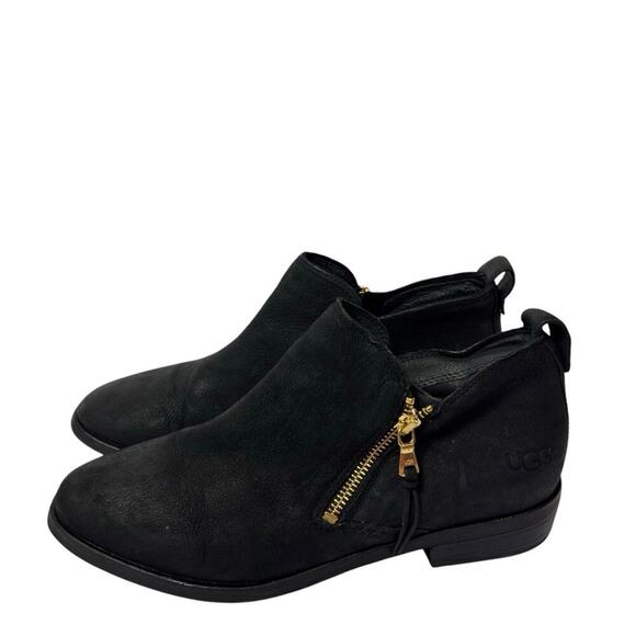 UGG AUSTRALIA WOMEN BLACK LEATHER ANKLE BOOTIES WITH GOLD ZIPPER SIZE 9 NEW